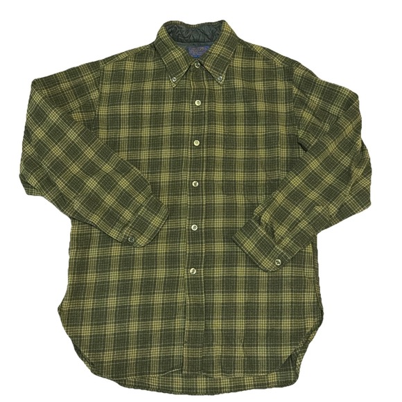 Pendleton Vintage Men's Large Green Plaid Long Sleeve Button Up 100% Wool